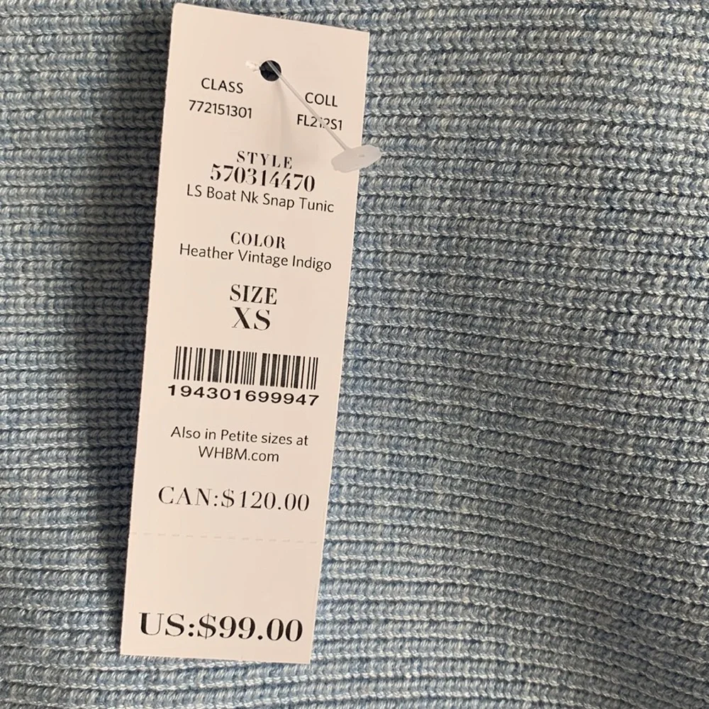 White House Black Market NWT Boat Neck Snap Tunic Sweater Heather Indigo Sz XS - Picture 6 of 7